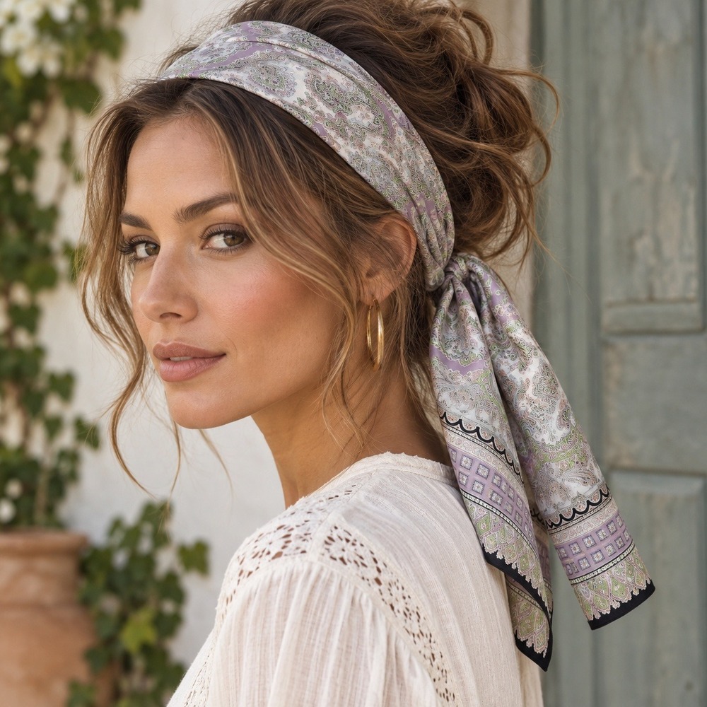 Lavender Paisley Sik Scarf Boho Headband Neck Tie Lavender Green Cream